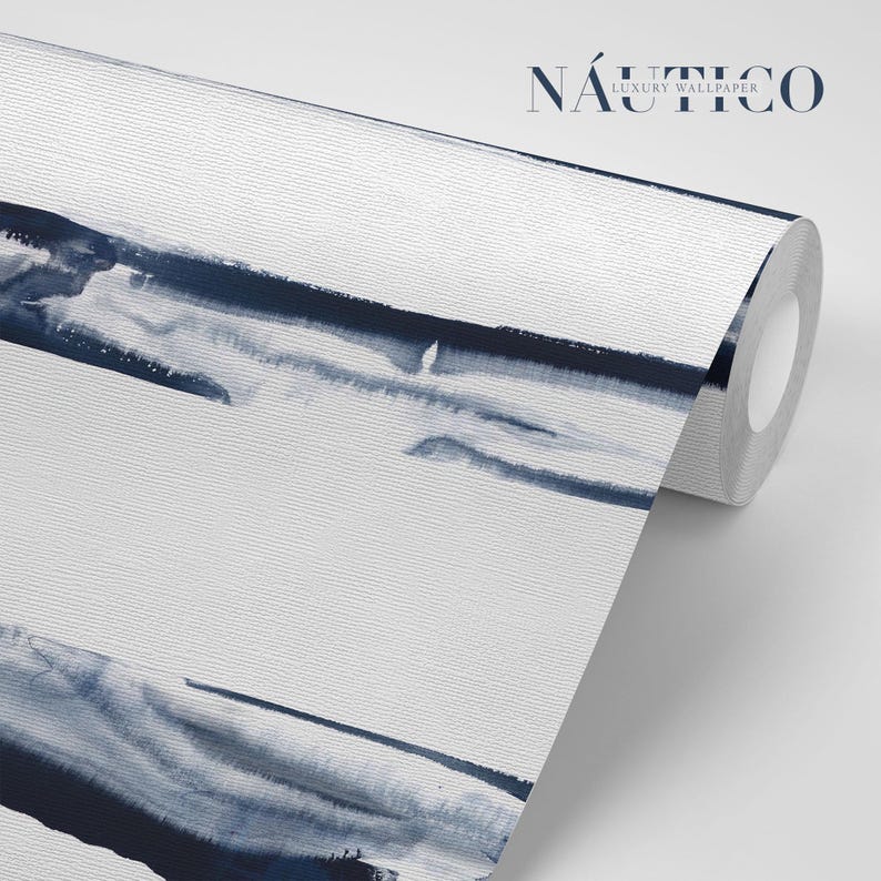 May include: A roll of white wallpaper with a blue watercolor stripe pattern. The wallpaper is labeled "N&Aacute;UTICO LUXURY WALLPAPER".