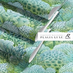 May include: Wallpaper featuring a detailed coral reef design in shades of green and blue. The wallpaper has a repeating pattern of coral formations, creating a textured surface. The text "EXQUISITE WALLPAPER PLAGIA LUXE" is visible.