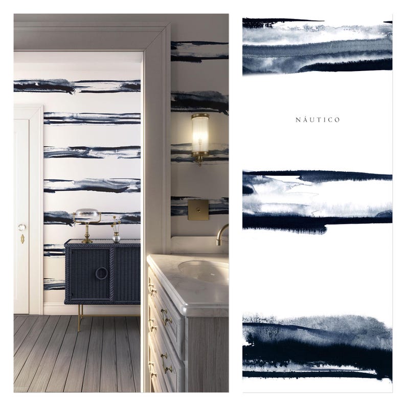 May include: A bathroom interior with a white and blue striped wallpaper featuring abstract brushstrokes. The wallpaper is called "N&aacute;uTico".