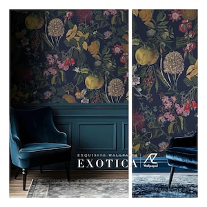 May include: Dark blue wallpaper with a botanical design featuring yellow fruit, pink flowers, and green leaves. The words "EXOTICA" and "EXQUISITE WALLPAPER" are printed on the bottom of the image. A blue velvet chair is in the foreground.