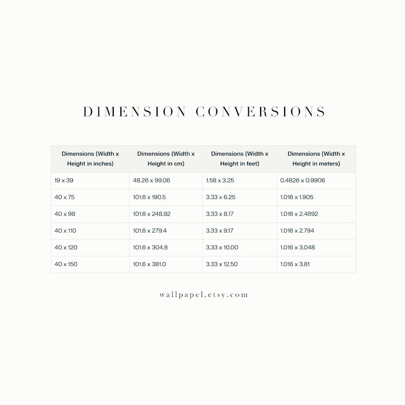 May include: A table with a white background and black text showing different dimensions in inches, centimeters, feet, and meters. The table shows conversions for different sizes of wall art.