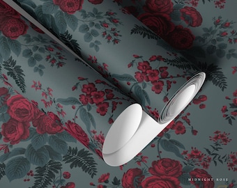 May include: Roll of wallpaper featuring a floral pattern of dark red roses and smaller flowers on a teal background. The wallpaper is partially unrolled, revealing a white backing. The words "Midnight Rose" are visible.