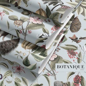 Carta da parati Botanique Chic / Carta da parati con illustrazioni naturalistiche / Toni terrosi, azzurro tenue / Elegante carta da parati botanica per soggiorno e studio.