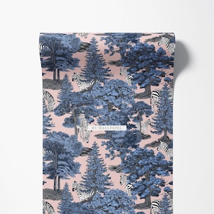 Carta da parati Savanna – Carta da parati murale con zebra e animali a tema foresta blu / Carta da parati moderna con natura / Opzioni di materiali staccabili e attaccabili o tradizionali.
