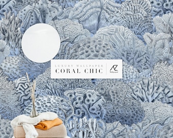 Coral Chi Blue Wallpaper, Coastal Botanical Marine Texture Mural
