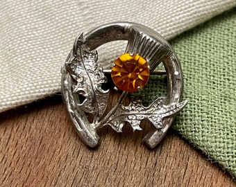 Scottish WARD BROTHERS Amber Thistle Kilt Brooch Pin Solid 925 Sterling Silver