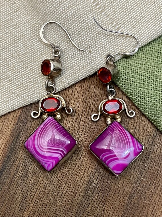 Dangling Pink Gem Earrings Solid Sterling 925 Sil… - image 1