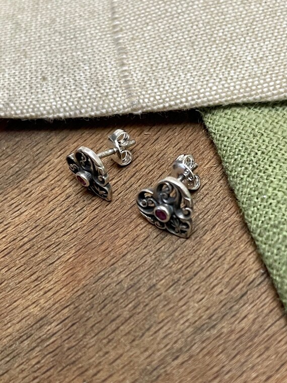 Woven Heart Red Ruby Earrings Solid Sterling 925 … - image 1