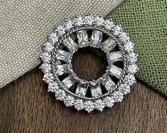 Sparkly Round Art Deco Style Brooch Pin Solid 925 Sterling Silver Vintage