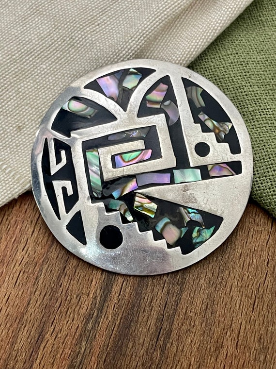 Large Round Mexican Shell Brooch Solid 925 Sterli… - image 1