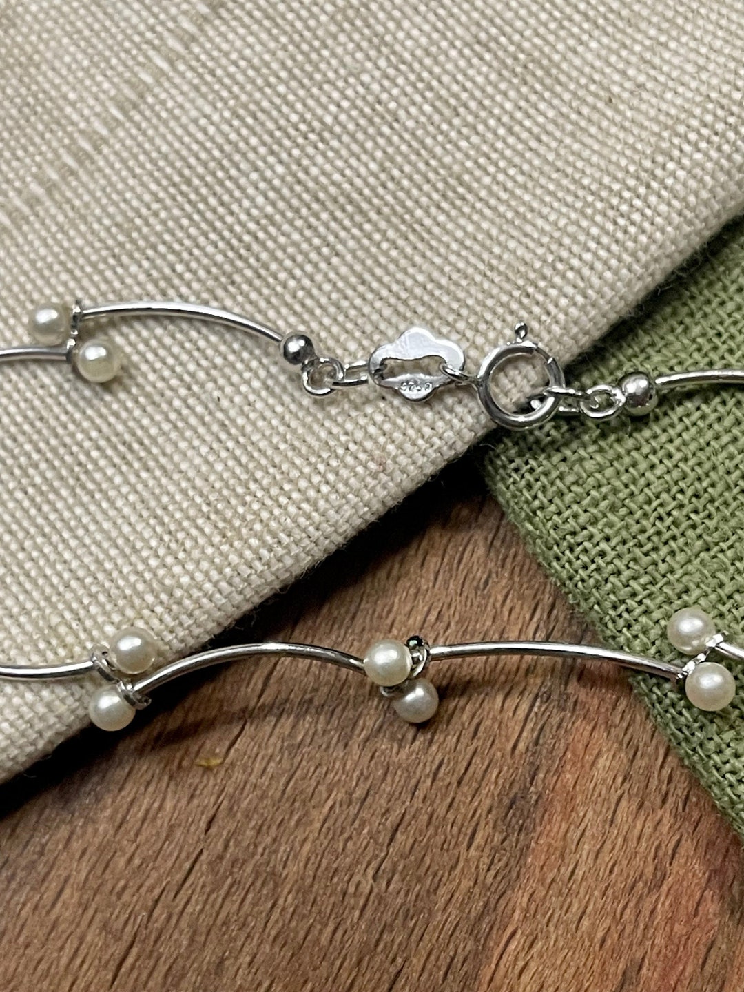 Bar and Ball Perls Chain Solid Sterling 925 Silver Bracelet Vintage ...