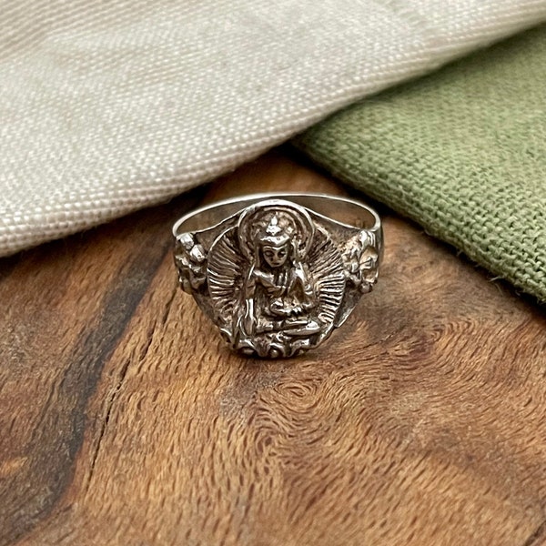 Buddhism Buddha Aum Solid Sterling 925 Silver Ring 8 P Vintage Jewelry