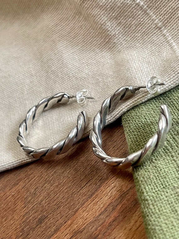 Mexican Loop Ring Hoop Earrings Solid Sterling 92… - image 2