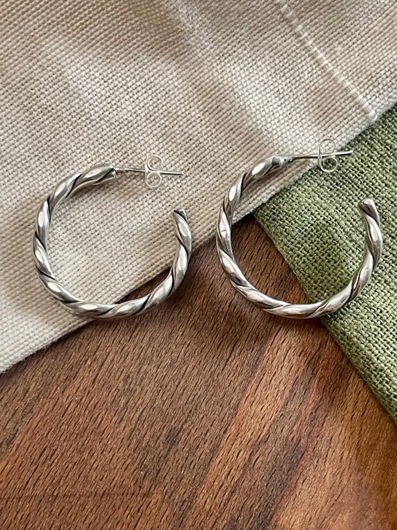 Mexican Loop Ring Hoop Earrings Solid Sterling 92… - image 1