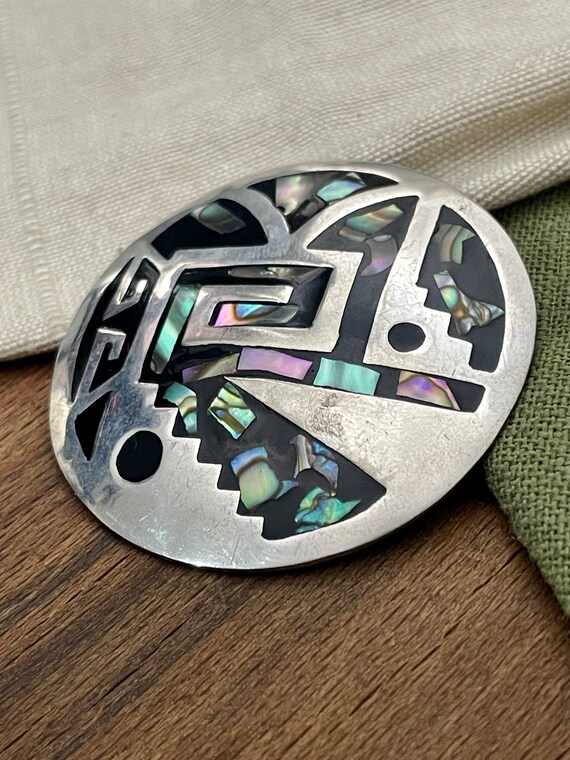 Large Round Mexican Shell Brooch Solid 925 Sterli… - image 2