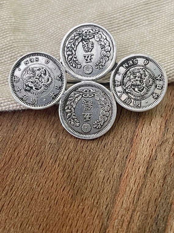 Rare Japanese Solid Silver Coin Good Luck Brooch (5 S… Gem