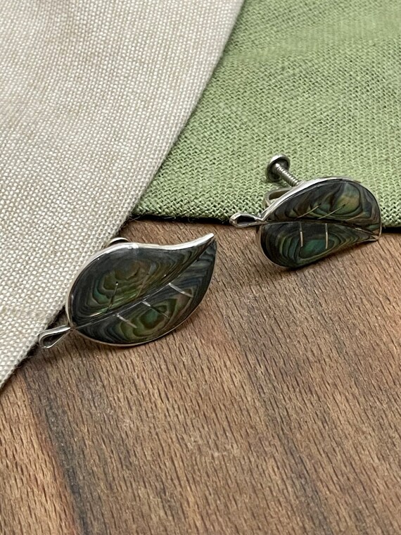 Green Shell Leaf Earrings Solid Sterling 925 Silv… - image 2