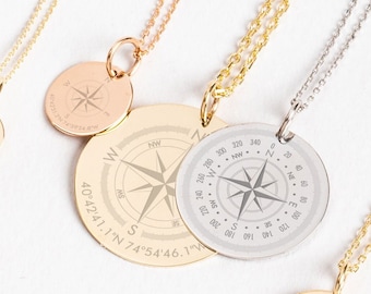 Personalized Compass Disc Necklace 14k Real Solid Gold, Custom Latitude Longitude Engraved Disc Tag, GPS Location Necklace Gift for Her/Him