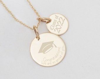 Custom Graduation Disc Necklace 14K 18K Solid Gold, Name Necklace College Graduation Gift, Customized High School Grads Gift Girls College