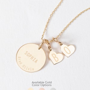 Collar personalizado con disco y etiquetas de corazón en oro macizo de 14 quilates para madres con las iniciales de sus hijos, collar personalizado con etiquetas de corazón con iniciales y nombre grabado para mamá