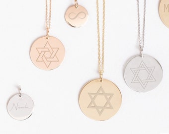 Star of David Disc Necklace 14k Real Solid Gold, Magen David Kabbalah Religious Pendant Necklace, Jewish Star Charm Necklace for Women & Men