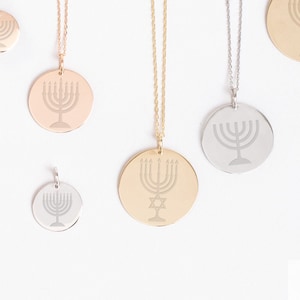 14K Solid Gold Menorah Pendant Necklace, Jewish Religious Charm, Personalized Engraved Disc, Hanukkah & Bat Mitzvah Gift