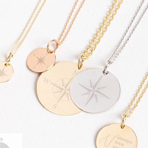 14K Solid Gold North Star Necklace, Personalized Coordinates Engraved Disc, Guiding Star Graduation Gift, New Beginnings Pendant for Her