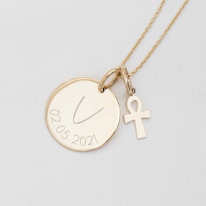 Personalized Ankh Necklace 14K 18K Solid Gold Ankh Jewelry, Custom Name Disc w/ Tiny Ankh Cross Charm Necklace Christmas Gifts for Her/Him