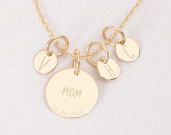 Personalized Mom Necklace with Tiny Kids Initial Tags 14K Solid Gold, Custom Symbol Name Date Letter Engraved Disk Necklace Gift for Her