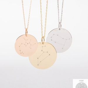 14K Solid Gold Astrology Necklace, Custom Zodiac Sign Constellation Disc, Engraved Horoscope Coin Pendant, Celestial Gift for Her