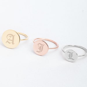Old English Initial Ring 10K 14K 18K Solid Gold, Personalized Letter Signet Ring, Dainty Stacking Ring for Her, Custom Gothic Jewelry Gift