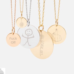 Collar personalizado con dije "Fuck Off" de oro macizo de 14 quilates, colgante con palabrota, joyería divertida para el dedo medio para niñas y niños, regalo de cumpleaños para ella y él