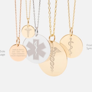 Personalized Medical ID Necklace 14K Solid Gold, Medical Alert Necklaces for Women, Medical Prescription Necklace for Kids Medical Jewelry