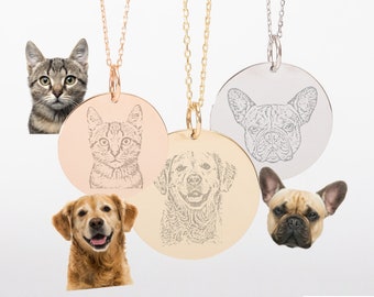 Pet Portrait Pendant Necklace in 14k Real Solid Gold, Dog Memorial Unique Gifts for mom, Custom Cat Dog Photos & Names Personalized Necklace