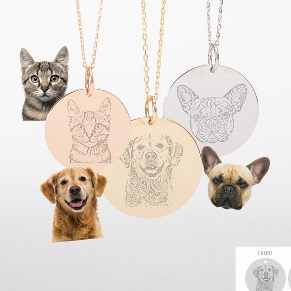 Pet Portrait Pendant Necklace in 14k Real Solid Gold, Dog Memorial Unique Gifts for mom, Custom Cat Dog Photos & Names Personalized Necklace