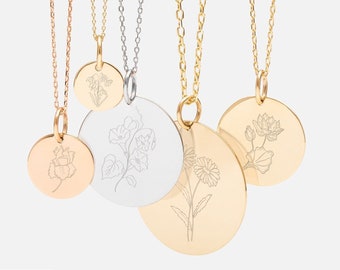 Personalized Birth Flower Disc Necklace in 14k Real Solid Gold, Custom Engraved Month Floral Disc Pendant Charm Necklace Gifts for Her/Him