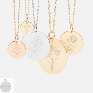 Personalized Birth Flower Disc Necklace in 14k Real Solid Gold, Custom Engraved Month Floral Disc Pendant Charm Necklace Gifts for Her/Him