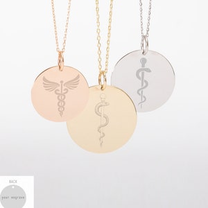 Personalized Rod Of Asclepius Disc Pendant Necklace in 14K Solid Gold, Custom Name Date Engraved Staff of Aesculapius First Responder Gift