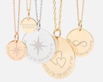 Collar de disco con coordenadas personalizado en oro macizo de 14 k, etiqueta de disco con latitud y longitud personalizadas, collar de viaje con ubicación GPS, regalo para ella/él