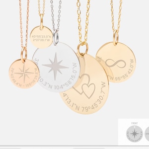 Personalized Coordinates Disc Necklace 14k Real Solid Gold, Custom Latitude & Longitude Disc Tag, GPS Location Travel Necklace Gift Her/Him
