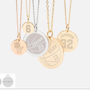 Personalized Dainty Basketball Necklace in 14K Solid Gold, Customized Sports Jewelry, Custom Basketball Number Engraved Disc Charm Gift Him