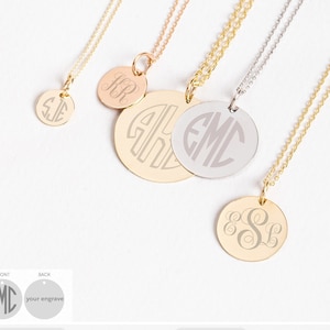 Personalized Monogram Disc Necklace 14K Solid Gold, Custom Block Monogram Your Initials Dainty Pendant Necklace Wedding Bridesmaids Gifts