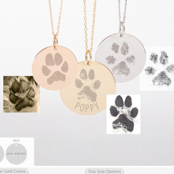 Actual Custom Paw Print Disc Necklace 14k Real Solid Gold, Personalized Your Cat Paw Your Dog Paw Engraved Coin Necklace, Pet Loss Jewelry