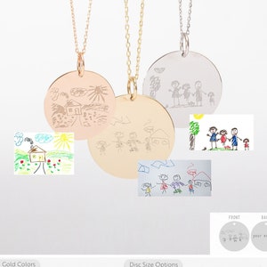 Collar con dibujo real para niños en oro macizo real de 14 k, collar con disco grabado con ilustraciones para niños personalizadas, collar personalizado como regalo para abuela