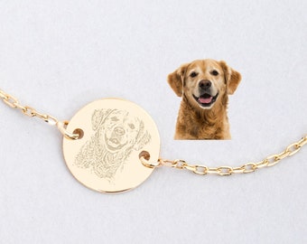 Pet Portrait Charm Bracelet in 14k Real Solid Gold, Dog Memorial Unique Gifts for mom, Custom Cat Dog Photos & Names Personalized Bracelet