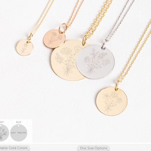 Personalized Combined Birth Flower Bouquet Necklace in 14k Real Solid Gold, 2 Side Engraved Birth Flower Family Disc Necklace Gift for Women