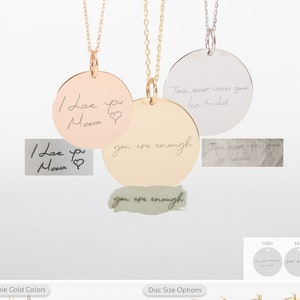 Collar con escritura a mano real en oro macizo real de 14 k, collar con firma grabada personalizada, collar con colgante de disco personalizado como regalo