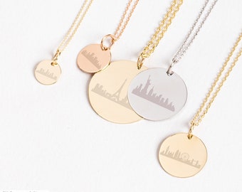 Personalized Custom City Necklace 14k Solid Gold, Birthplace Skyline Cityscape Engraved Pendant Necklace Travel Lover Birthday Gift For Her