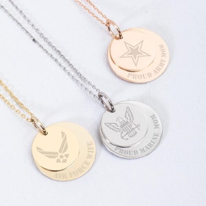 Deployment Necklace Gift in 14K Solid Gold, Long Distance Couples Relationship Pendant, Boot Camp Military Air Force Wife Gift Disc Necklace