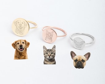Custom Pet Portrait Ring 10k 14k 18k Solid Gold Ring, Personalized Your Pet Photo Ring, Custom Dog Cat Pet Portrait Engraved Disc Ring Gift